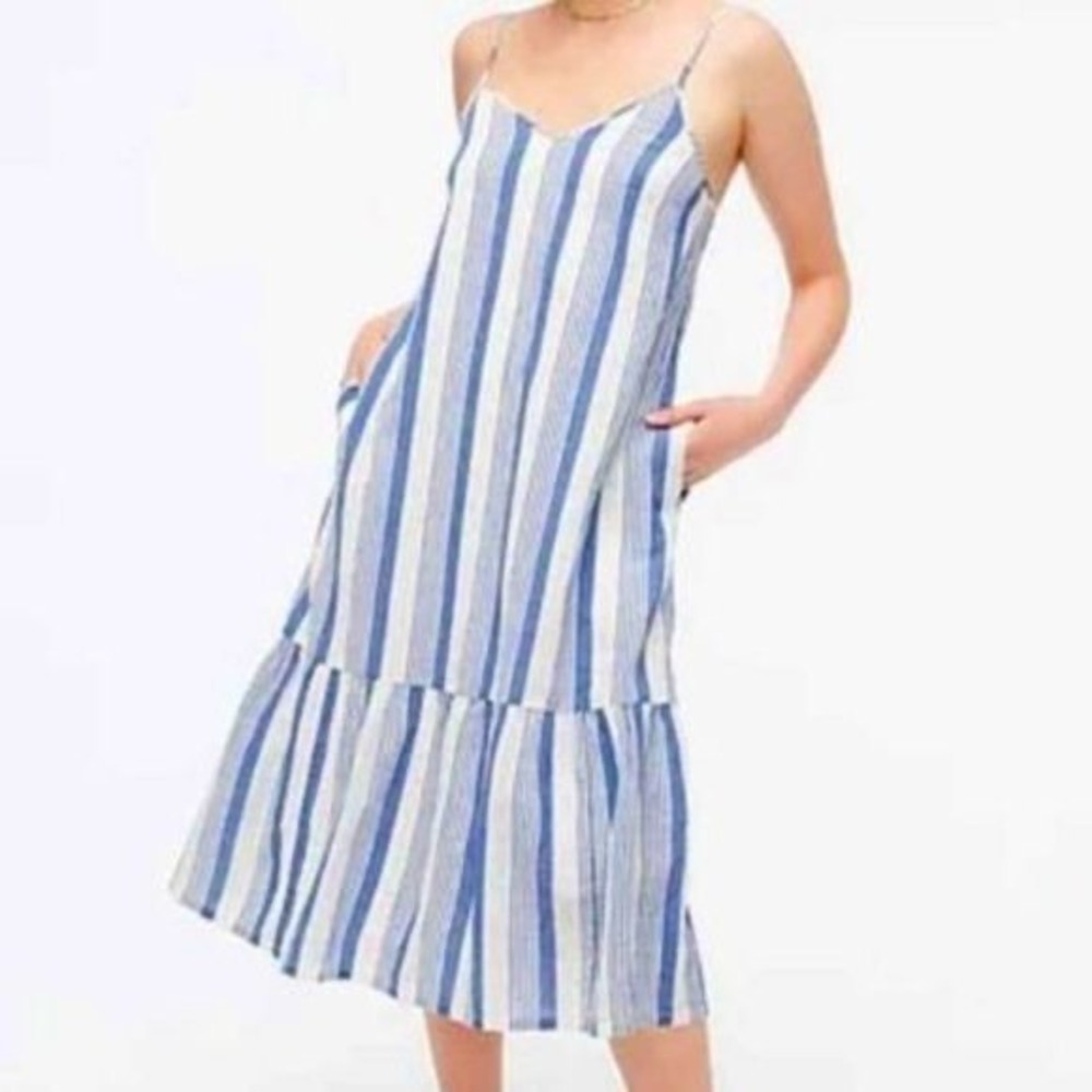 J.Crew Cotton Sleeveless V-Neck Midi Dress Blue White Striped XL Flowy Summer